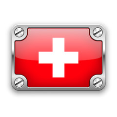 Fototapeta premium Swiss flag in silver metallic frame