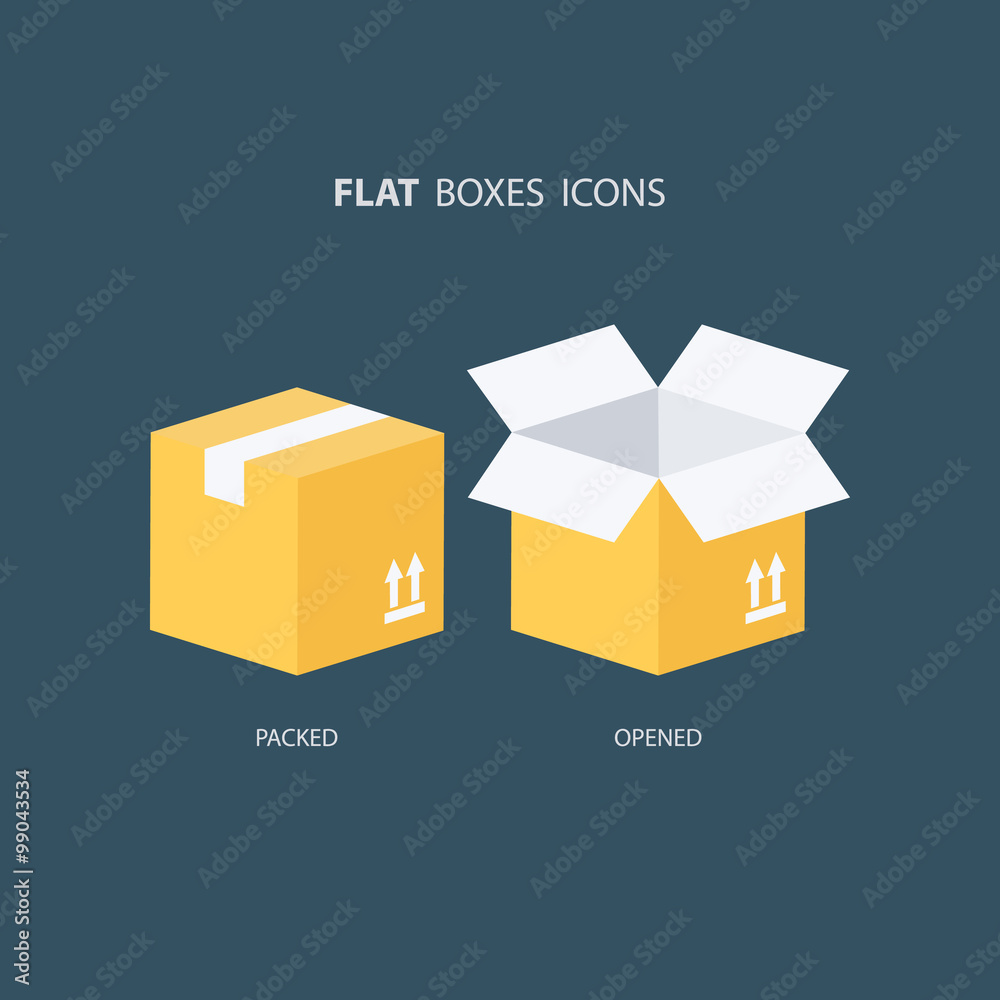 Poster boxes icons set. packed box. opened box. carton package box icons. vector illustration.