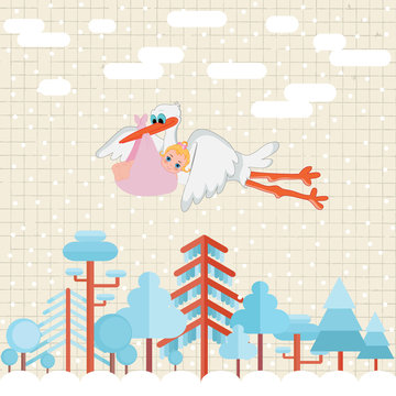 ticket birth with stork carrying a girl in a snowy landscape