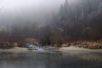 Fototapeta premium Bach fliesst in den Fluss am Waldrand mit Nebel
