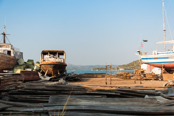 Ship in dry dock in Murter, Croatia
