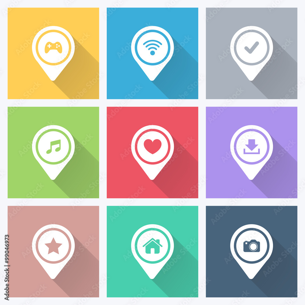 Poster Set of color pointers and markers for map and plan with icons on color background with long shadow. Vector illustration.