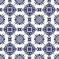 Seamless background image of vintage blue spiral cross kaleidoscope pattern.
