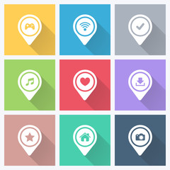 Set of color pointers and markers for map and plan with icons on color background with long shadow. Vector illustration.