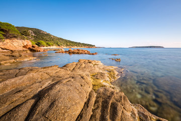 Rocks and coastline at Palombaggia beach in Corsica