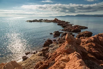 Fotobehang Palombaggia strand, Corsica Rotsachtige rots op het strand van Palombaggia op Corsica