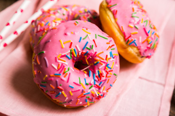 Pink donuts and a milkshake