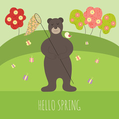 Funny brown bear in spring holding butterfly net. Can be used for cards, books, printing, web design