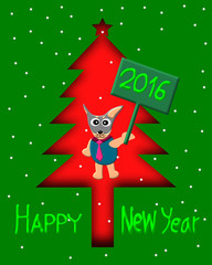 Greeting Card Design, Happy New Year Dog in Christmas tree, Happy New Year Card 2016, illustration