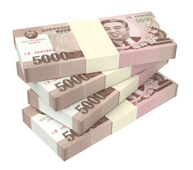 North Korea won bills isolated on white background. Computer generated 3D photo rendering.