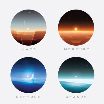 Solar system planets surfaces. Mars, Mercury, Neptune and Uranus vector illustrations