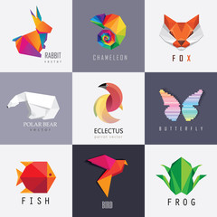 Abstract colorful vibrant animal logos design set collection. Rabbit, chameleon, red fox, polar bear, parrot, butterfly, fish, bird and frog designs - obrazy, fototapety, plakaty