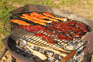 salmon and beef on barbecue