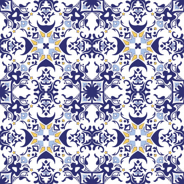 Seamless background image of vintage blue tone geometry kaleidoscope pattern.
