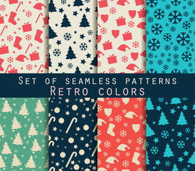 Set of winter seamless patterns. Retro colors.