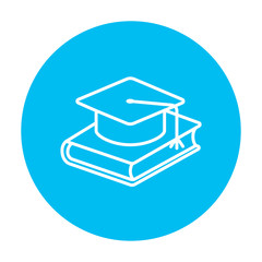 Graduation cap laying on book line icon