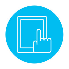 Finger pointing at tablet line icon.