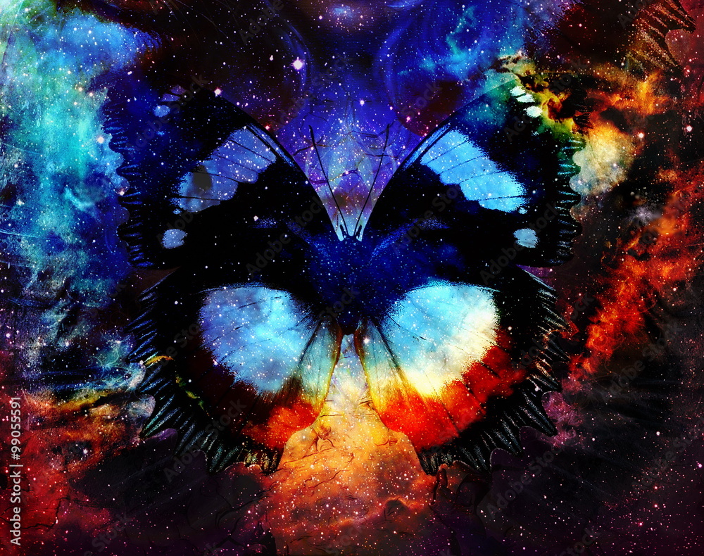 Aufkleber illustration of a butterfly in cosmic space. mixed media, abstract color background.