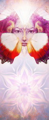 Beautiful Painting Goddess Woman with bird phoenix on your face with ornamental mandala and butterfly wings and color abstract background  and eye contact.