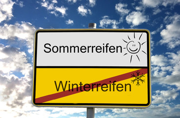 Sommereifen Winterreifen lachende Sonne Ortsschild