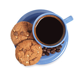 Blue cup of coffee with cookies