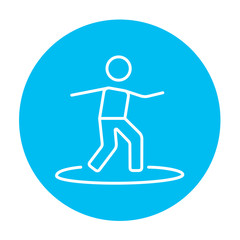 Male surfer riding on surfboard line icon.