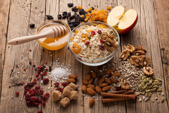 Grain free oat free paleo granola: mixed nuts, seeds, raisins, h