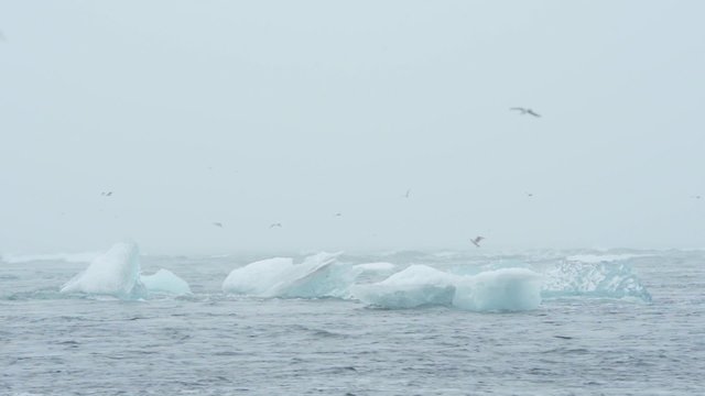 Blue icebergs floating on Jokunsarlon glacial lagoon