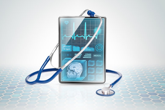 Tablet with medical data on futuristic background