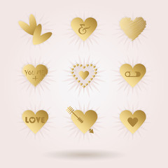 Golden abstract hearts icons set with dropped shadow on pink gradient background