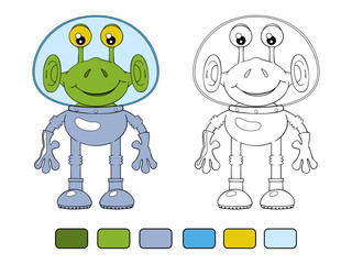 Funny cartoon alien in spacesuit. Coloring book