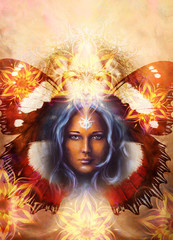 Beautiful Painting Goddess Woman with bird and ornamental mandala and butterfly wings and color abstract background  and eye contact.