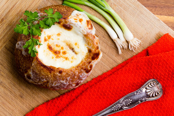 French onion soup served in a bread bowl