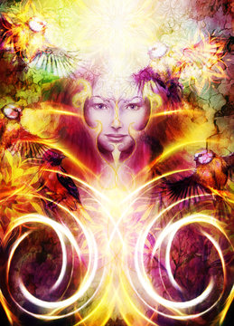 Beautiful Painting Goddess Woman with ornamental mandala and color abstract background  and bird with fire.