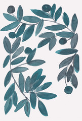 Background with leaves, branches and hand drawn. Watercolor design elements. Nature pattern