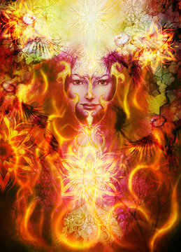 Beautiful Painting Goddess Woman with ornamental mandala and color abstract background  and bird with fire.