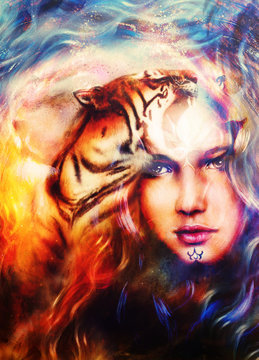 painting mighty tiger head on ornamental background and mystic woman face, computer collage.