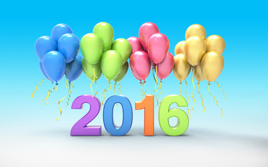 Group of colorful balloons with 2016 on white floor and blue background