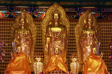 Fototapeta premium Buddha statue, stucco on chinese temple wall in Dragon Temple Kammalawat (Wat Lengnoeiyi) in Nonthaburi, Thailand