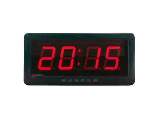 close up red led light illumination numbers 2015 on black digital electric alarm clock face isolated on white background, time symbol concept for celebrating the New Year