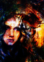 Obraz premium woman goddess holding a sourceful of a white light and lion head. abstract background with spots. 