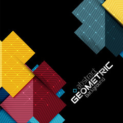 Colorful geometric shapes with texture on black. Modern futuristic abstract design template