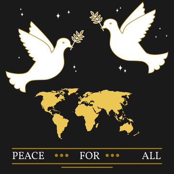 Peace for all greeting card. EPS10 vector.  Doves and map thin l