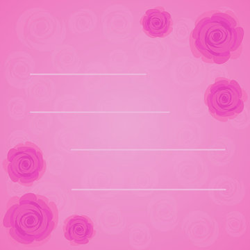 Vector frame of beautiful pink roses on gradient pink background with transparent pink roses silhouette. Flat style of flowers, design for invitation, greeting, wedding, birthday card, valentines day