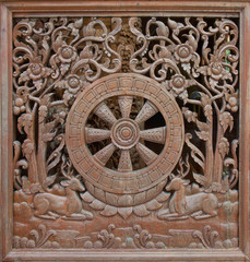 Carved wooden latticework with pattern of Dhammajak
