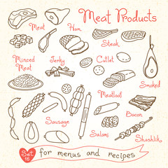 Set drawings of meat products for design menus, recipes and packages product. Vector Illustration