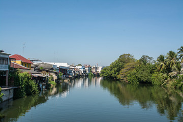 Fototapeta na wymiar village near river in morning with clear blue sky at chantaboon village in chantaburi , Thailand