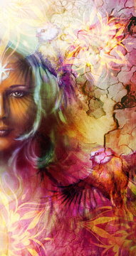 Beautiful Painting Goddess Woman with ornamental mandala and color abstract background  and bird.
