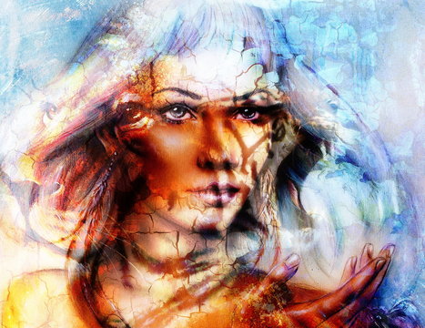 painting mighty lion head on ornamental background and mystic woman face, computer collage.