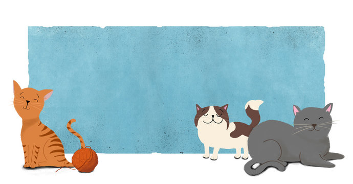 Grupo de gatos de colores con un ovillo de lana sentados y tumbados. Anuncio para tienda de mascotas. Dibujo hecho a mano.